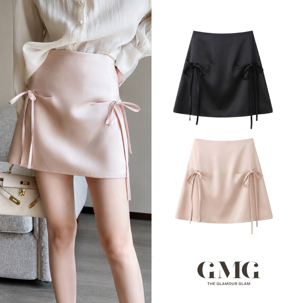 กระโปรงสั้น ผ้า Silk Satin สี ชมพู/ดำ เงาวาวเล่นแสงนุ่มนวล ดีเทลผูกโบว์รูดปรับ (Black/Pink Double Bows Skirt)