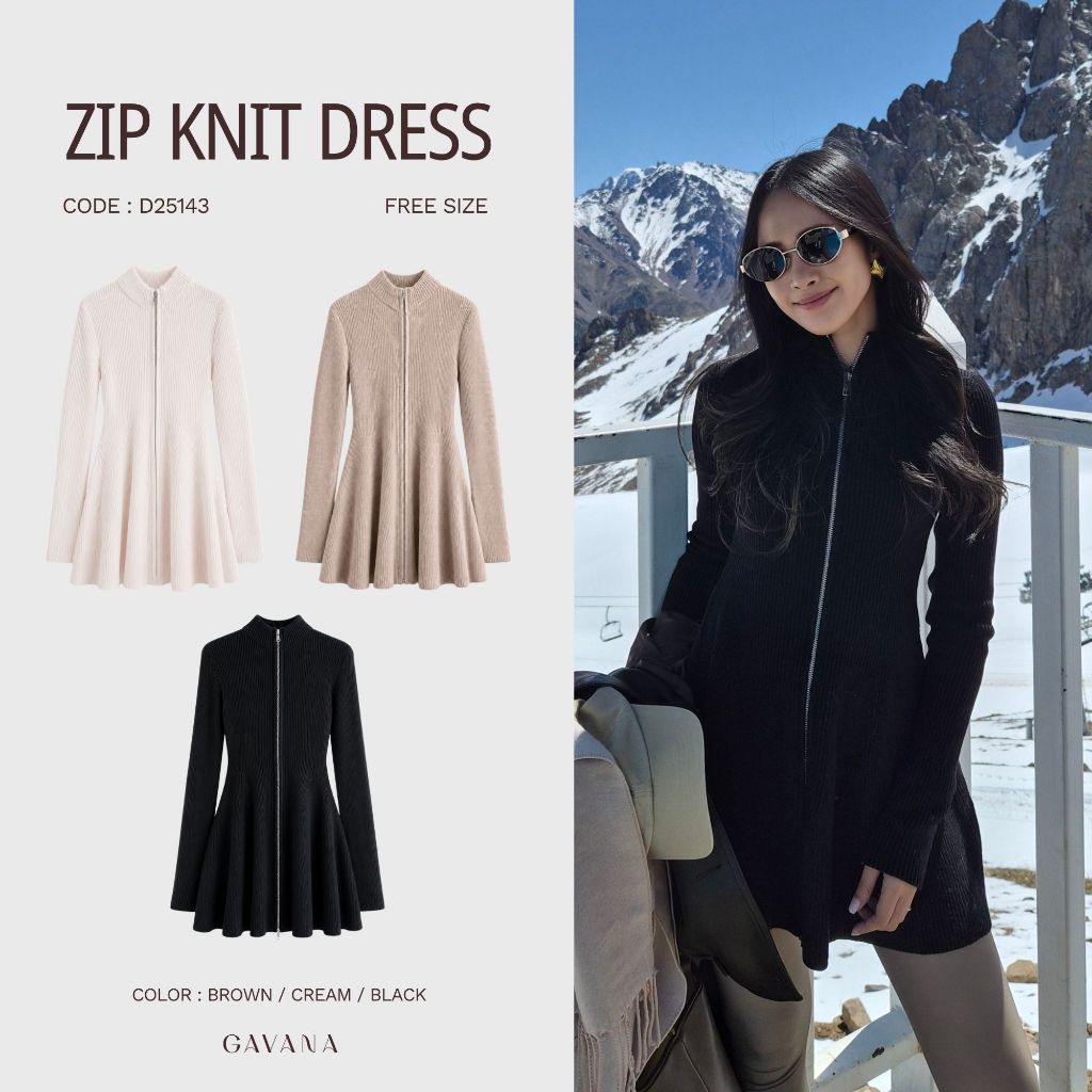 GAVANA - Zip Knit Dress เดรสไหมพรมกันหนาวแขนยาวซิปหน้า เอวคอดสวยมาก ผ้าแน่นไม่ย้วย #D25143