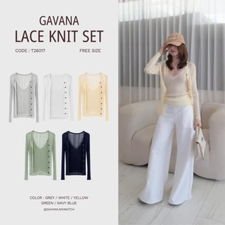GAVANA Lace Knit เสื้อ 2 ชิ้น สายเดี่ยวไหมพรมแต่งลูกไม้+เสื้อคลุมแขนยาว ผ้าทอบางพรีเมี่ยม — #T26017