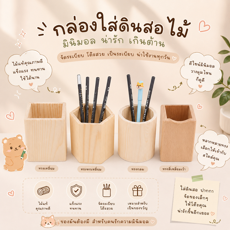 กล่องไม้สน ที่ใส่ปากกาไม้ทรงกระบอก มินิมอลโทนอุ่น จัดโต๊ะทำงานให้เป็นระเบียบ ตั้งโต๊ะสวย สไตล์ญี่ปุ่น