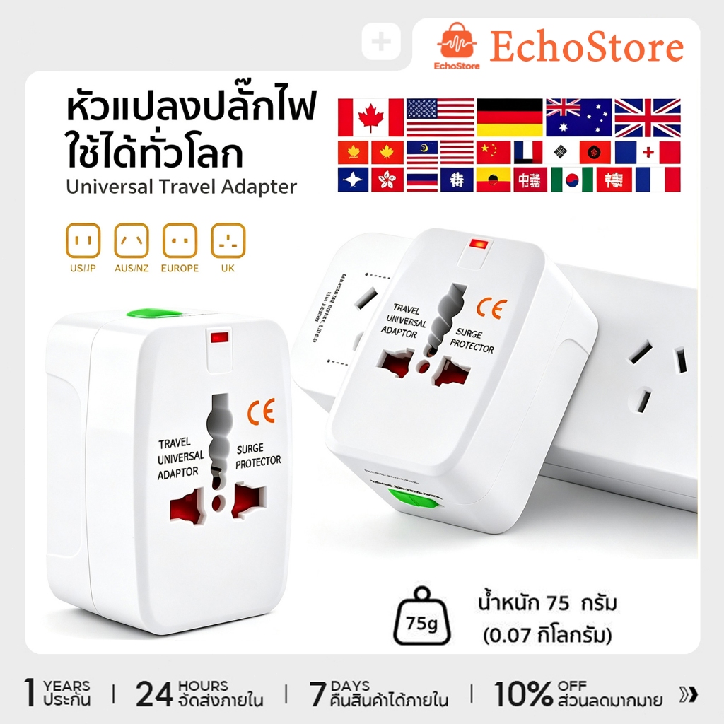 Universal Travel Adapter White Compact 75g 7x5x4 cm Supports 150+ Countries with USB-C and Safety Sh