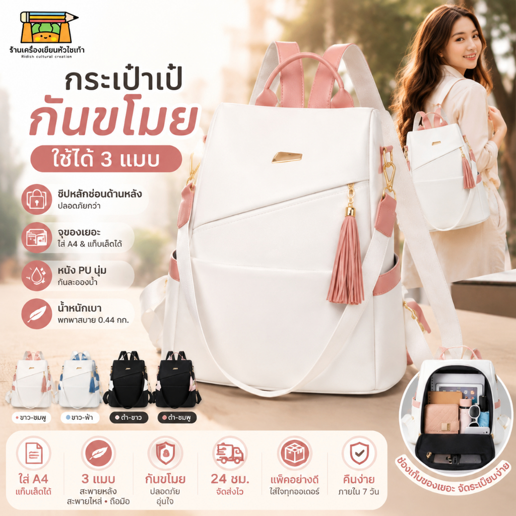 กระเป๋าเป้กันขโมยผู้หญิง กระเป๋าสะพายหลังแฟชั่น หนัง PU จุของได้เยอะ ใส่ A4 แท็บเล็ตได้ ใช้ได้ 3 แบบ สะพายหลัง สะพายไหล่