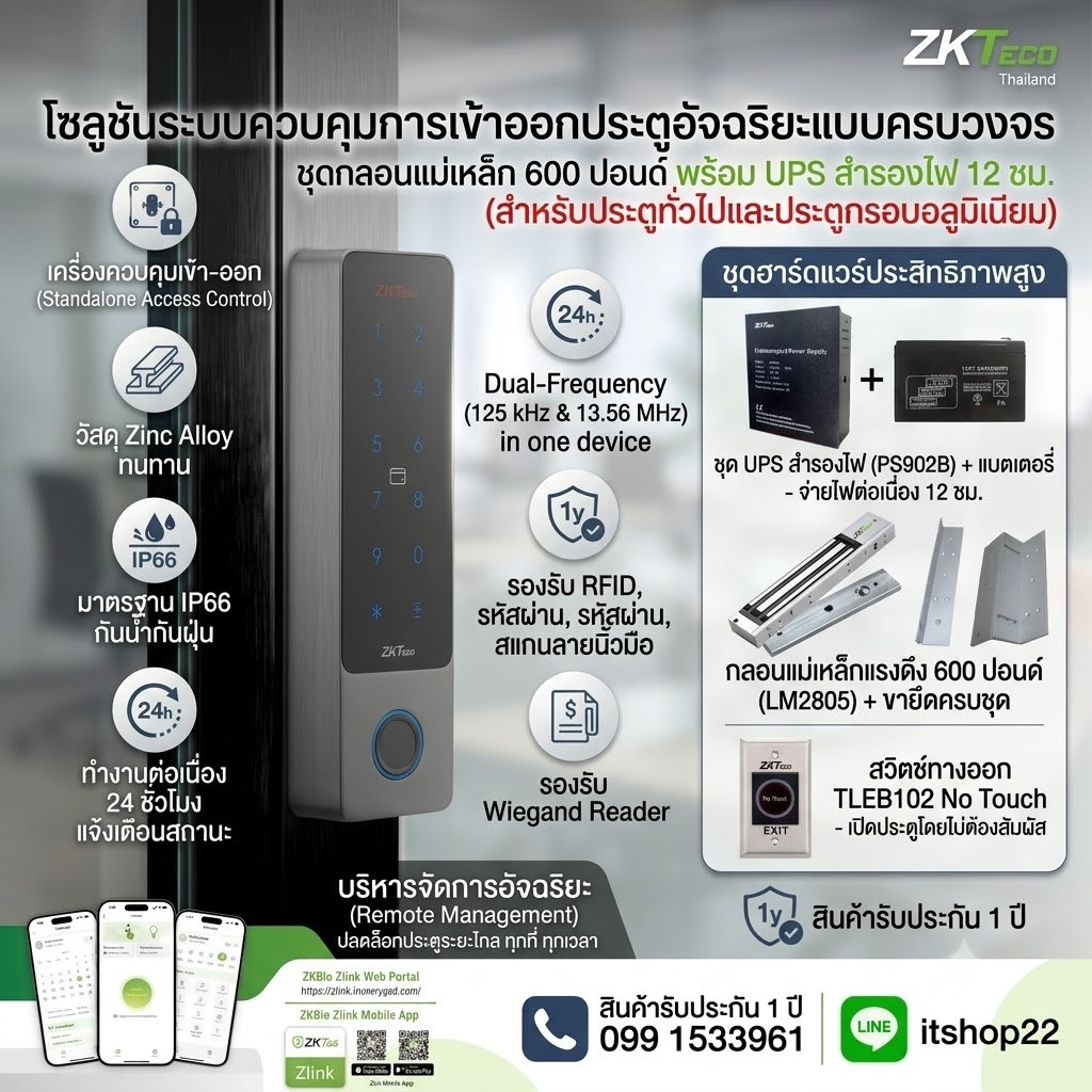 ZK Teco X10 พร้อมชุดกลอนอลูมิเนียม Standalone Access Control เครืองสแกนนิ้ว บัตร รหัส ใช้งานผ่านแอป 