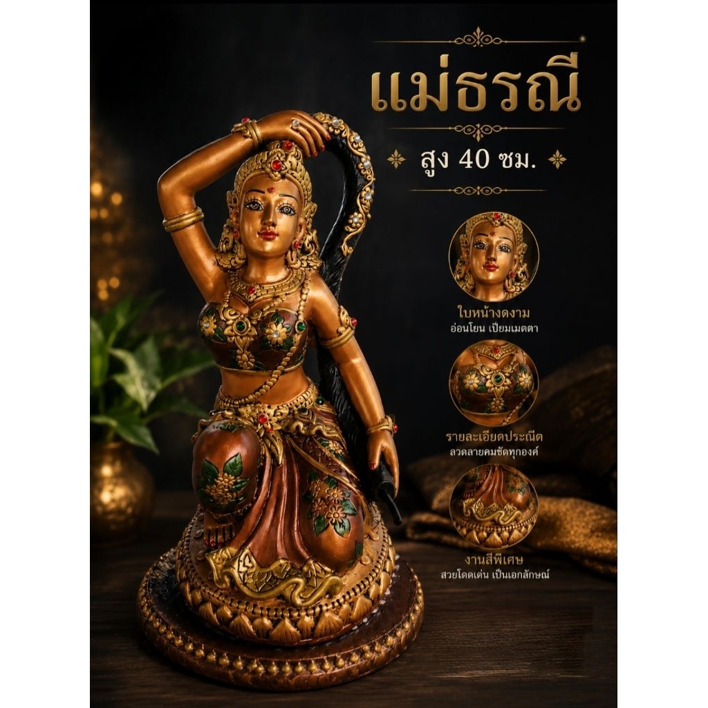 พระแม่ธรณีบีบมวยผม ปางประทานพร ขนาดความสูง 40 ซม.