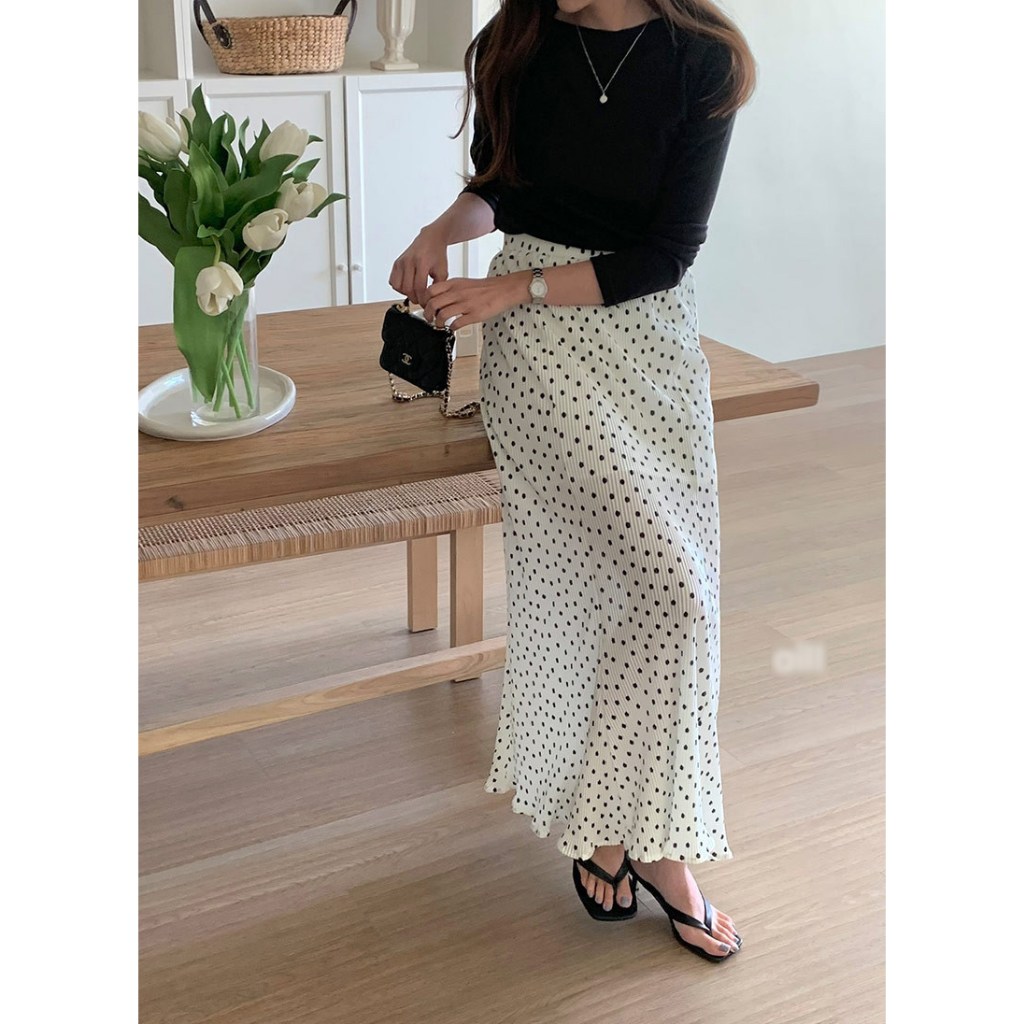 suzllrue7o กระโปรงลายจุดหางปลาสุดฮิตสำหรับเที่ยวทะเล ยางยืดเอวสูง ดูผอมเพรียว #2002