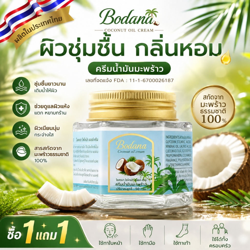 【ซื้อ 1 แถม 1】BODANA ครีมน้ำมันมะพร้าว 50g Coconut Oil Cream มอยส์เจอร์ไรเซอร์ ให้ความชุ่มชื้น บำรุงผิวหน้า ผิวกาย