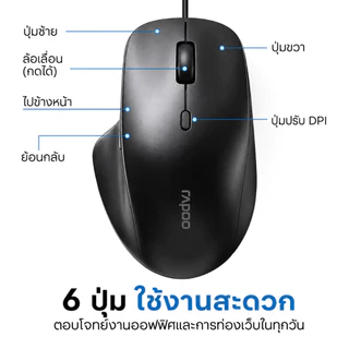 Rapoo N500 เมาส์มีสายออปติคัล ปรับ DPI ได้สูงสุด 3600 เมาส์ 6 ปุ่ม Ergonomic Design