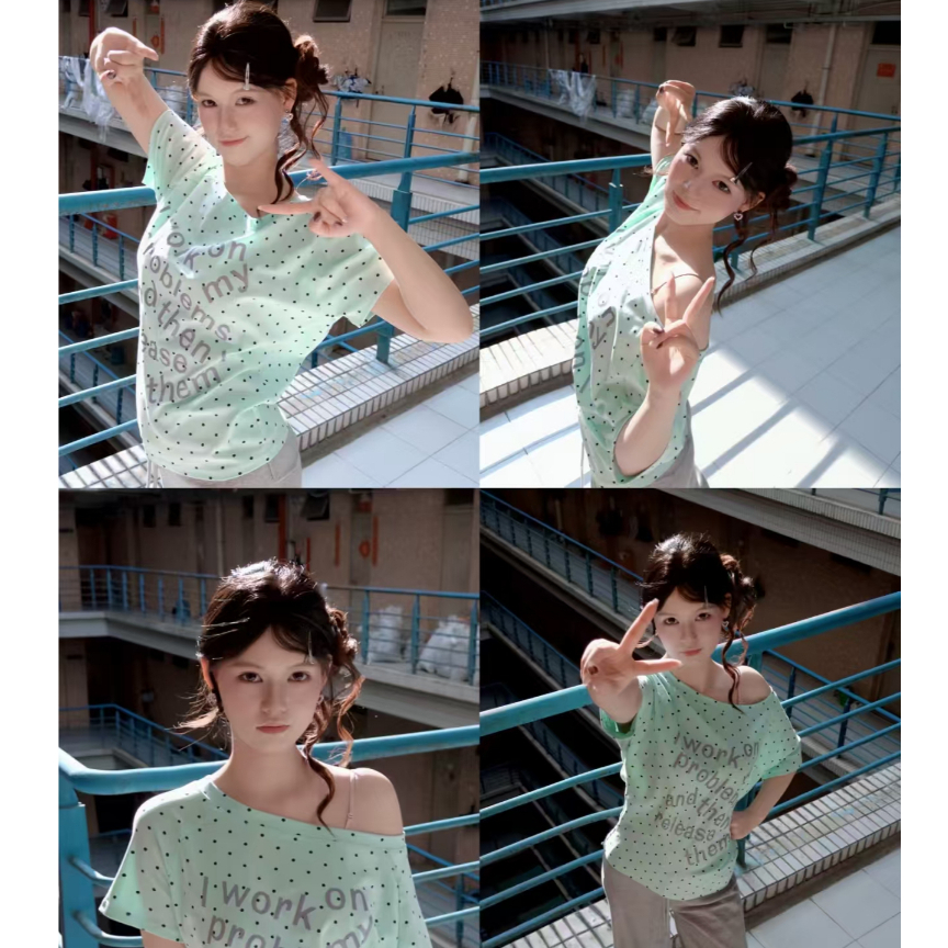 YUANMEI พร้อมส่ง เสื้อยืดแขนสั้นเปิดไหล่สีเขียวมิ้นท์ลายจุดพิมพ์ตัวอักษร เสื้อเปิดไหล่สุดเซ็กซี่ ผ้านุ่มใส่สบาย Y5