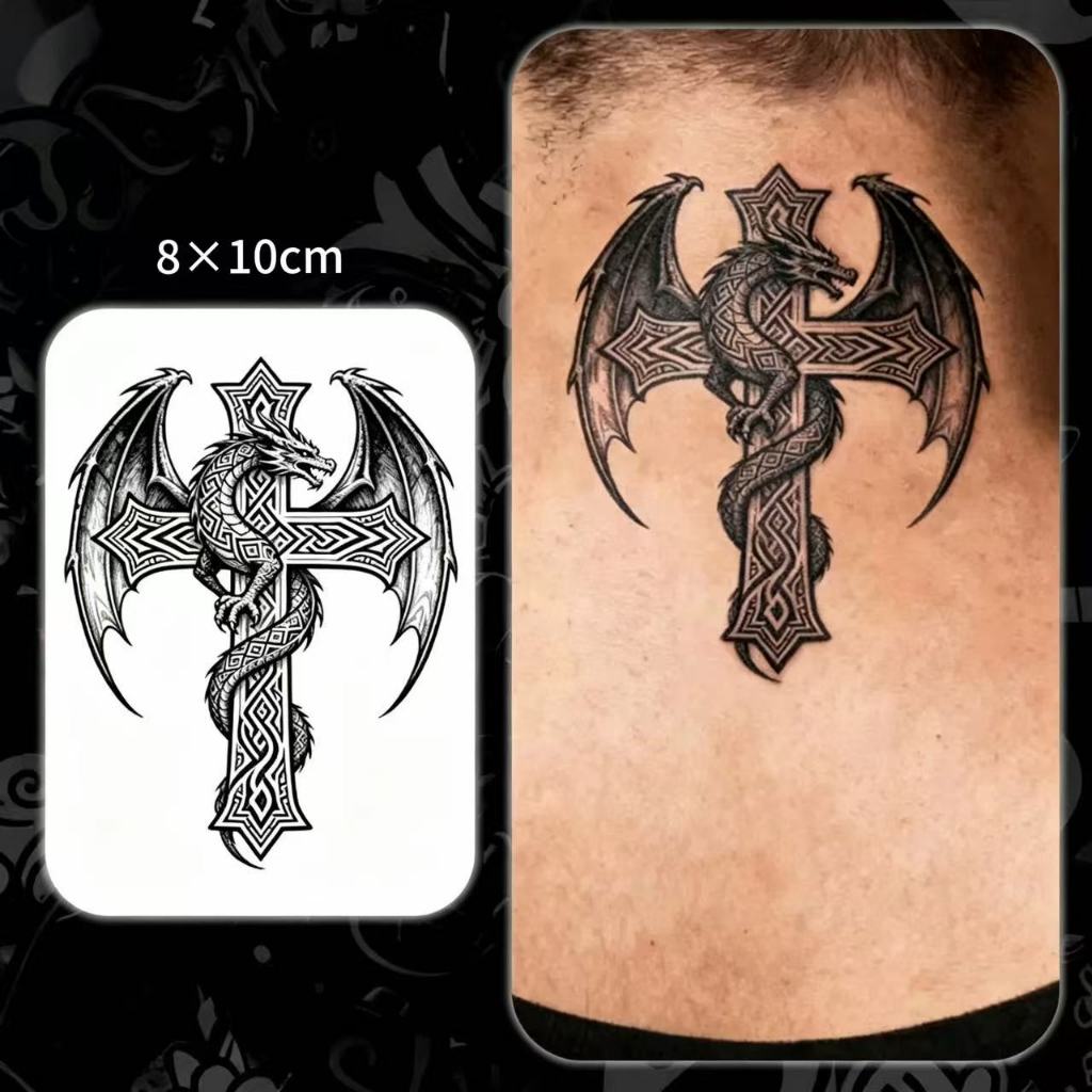 COD TH【Parry Tattoo】สติกเกอร์รอยสักมังกรปีกพันไม้กางเขนเคลติก สไตล์ยุโรป กึ่งถาวร กันน้ำ ติดทนได้ 15 วัน ไม่หลุดง่าย
