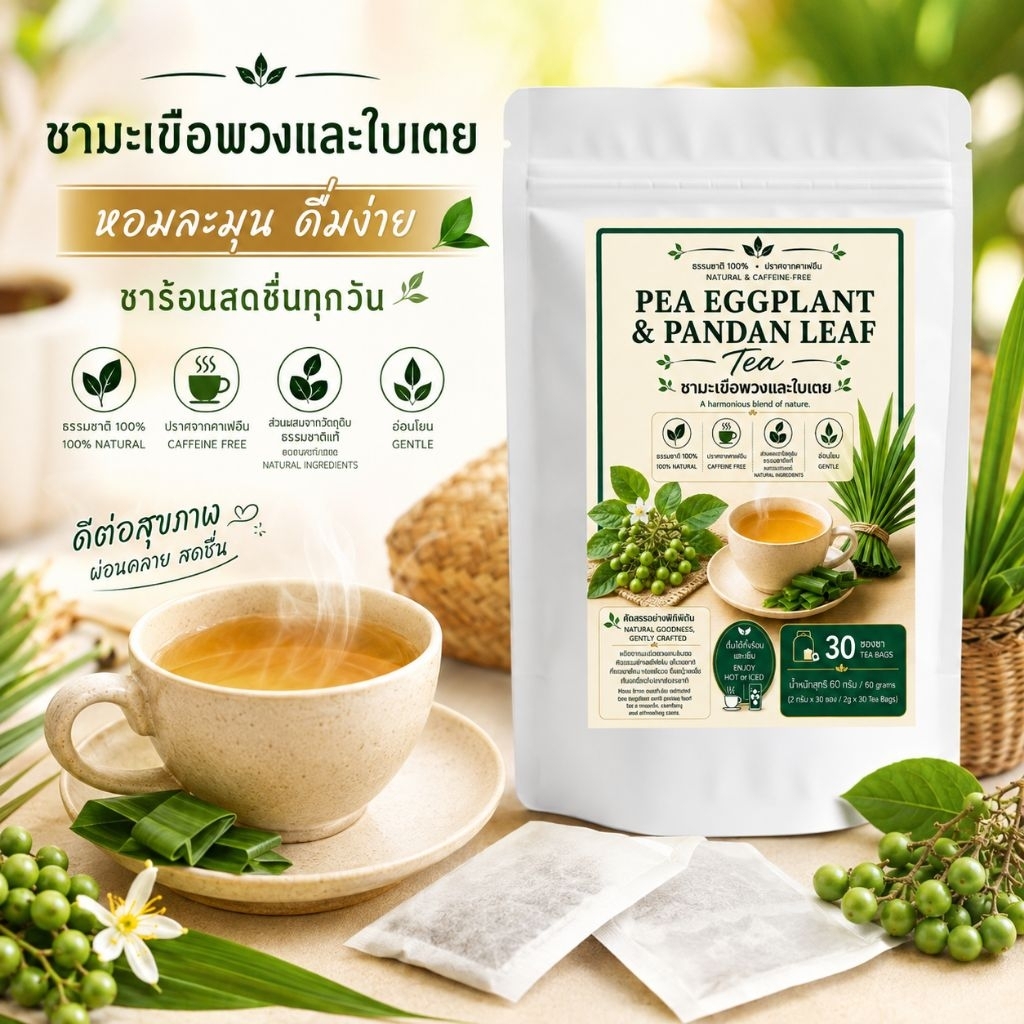 มีโปรโมชั่น ชามะเขือพวงและใบเตย12/30 ซองชา ได้ร้อนและเย็น ธรรมชาติแท้ 100% สินค้าออร์แกนิก ชาสมุนไพรสูตรธรรมชาติดื่มง่าย