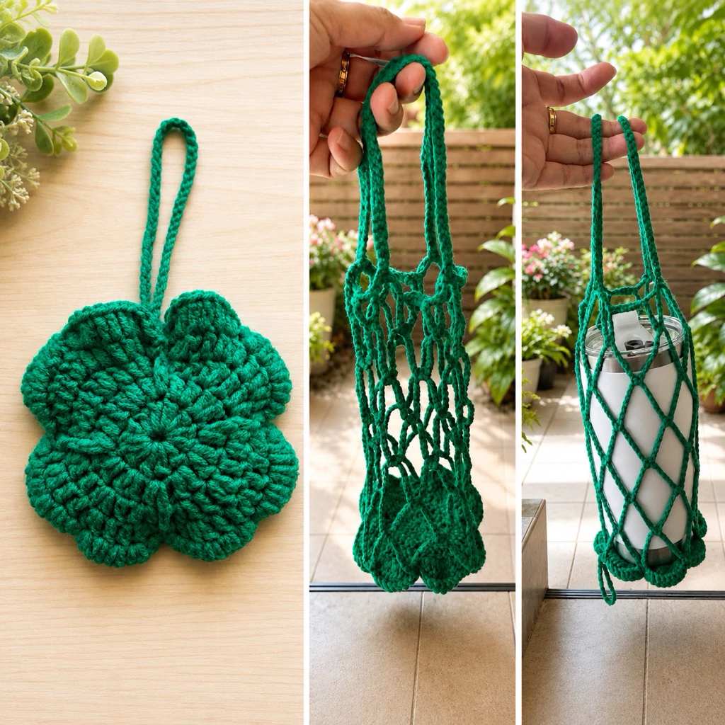 ถุงตาข่ายโครเชต์ใส่แก้ว 4 leaf clover cup holderใบโคลเวอร์ 4 แฉก พับเก็บได้ นำมาห้อยกระเป๋า โครเชต์ ใบแห่งความโชคดี