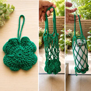 ถุงตาข่ายโครเชต์ใส่แก้ว 4 leaf clover cup holderใบโคลเวอร์ 4 แฉก พับเก็บได้ นำมาห้อยกระเป๋า โครเชต์ ใบแห่งความโชคดี