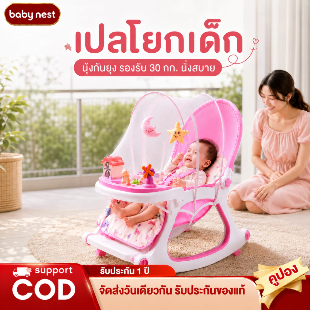เก้าอี้โยกเด็ก เปลโยกเด็ก มีของเล่น มีล้อ ร่มเงา เข็นลากได้ ถาดกว้าง รับน้ำหนักได้ 25กิโล สามารถใช้เป็นที่นอนหรือเก้าอี้