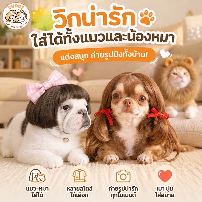 วิกผมปลอม สัตว์เลี้ยง ไฟเบอร์ หมวกวิกผมสุนัขแมว ปรับสายได้ ใส่ถ่ายรูป คอสเพลย์