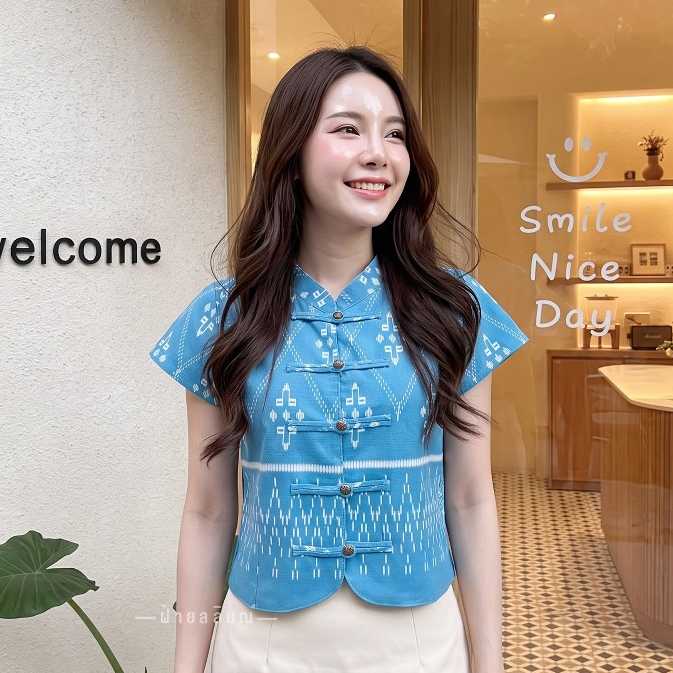 เสื้อผ้าฝ้ายพื้นเมือง คอจีนแต่งชายโค้ง ผ้าพิมพ์ลาย