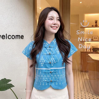 เสื้อผ้าฝ้ายพื้นเมือง คอจีนแต่งชายโค้ง ผ้าพิมพ์ลาย