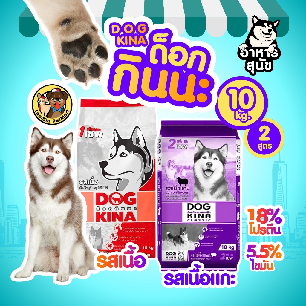 (10 KG.) DOG KINA (ด็อกกินนะ) อาหารเม็ดสุนัขโต 2 สูตร ลดกลิ่นมูล โปรตีน 18% ไม่มีผลพลอยได้ไก่ป่น
