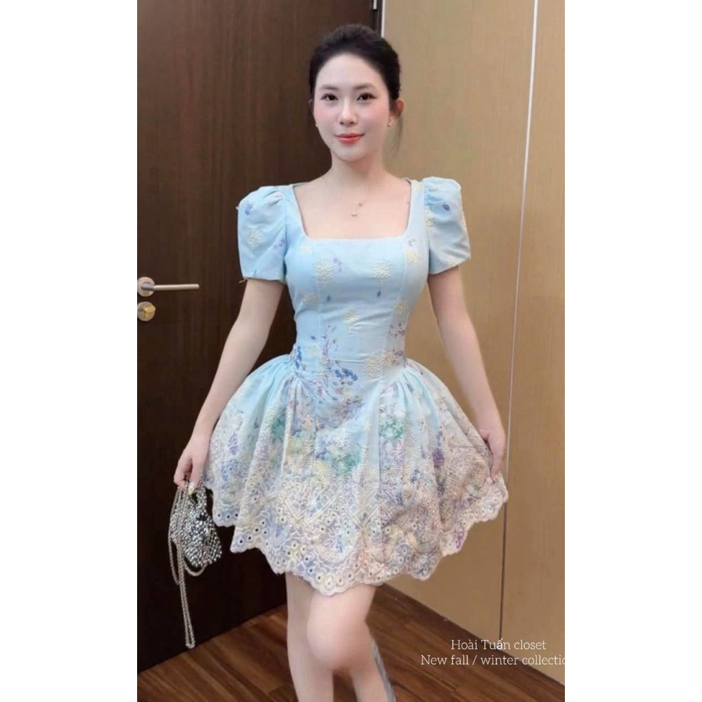 เดรสสั้น สีฟ้า ผ้าฉลุปัก มีกางเกงตัวใน งานป้าย เวียดนาม