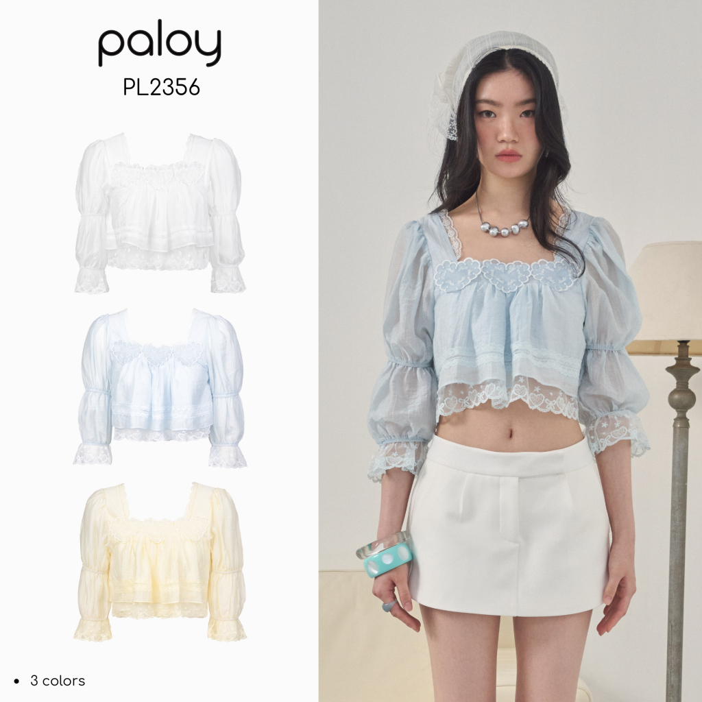 Paloy - PL2356 Triple Heart Crop Top เสื้อครอประบายแขนพอง แต่งหัวใจลูกไม้ (Known By Heart)
