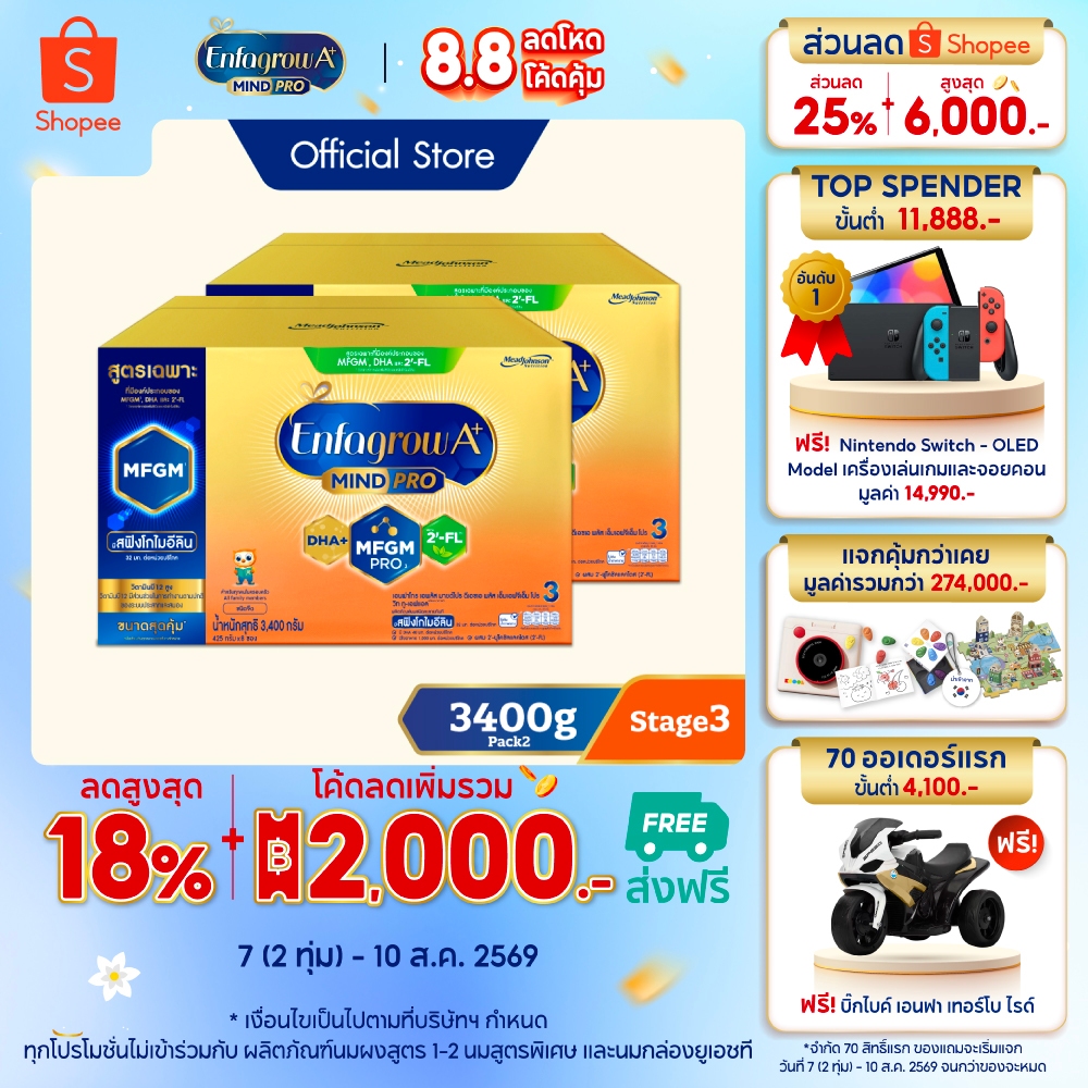 นมผง เอนฟาโกร เอพลัส มายด์โปร สูตร3 ชนิดจืด (3400 กรัม) x2 กล่อง Enfagrow A+ MindPro Stage3 (3400 g) x2 packs