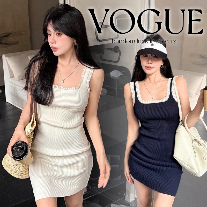 Vogue พร้อมส่ง ชุดเดรสรัดรูปถัก ดีเทลขอบลูกไม้หรูหรา ผ้ายืดตามร่างกายไม่อึดอัด สไตล์เกาหลีหวานละมุน (J217)