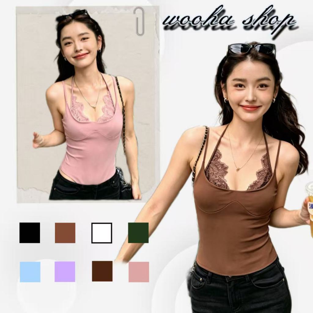 #GG🎀เสื้อสายเดี่ยวผ้าลูกไม้แบบผูกคอ จั๊มสูทสั้นไร้สายสไตล์ใหม่สำหรับฤดูร้อนของผู้หญิง