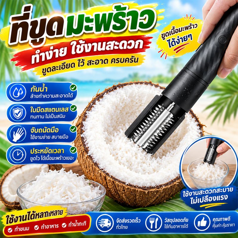 เครื่องขูดมะพร้าวไฟฟ้าไร้สาย เครื่องขูดมะพร้าว เครื่องขูดมะพร้าว แบบพกพา USB ใบมีดสแตนเลส คมทน ขูดเร็ว ใช้งานง่าย