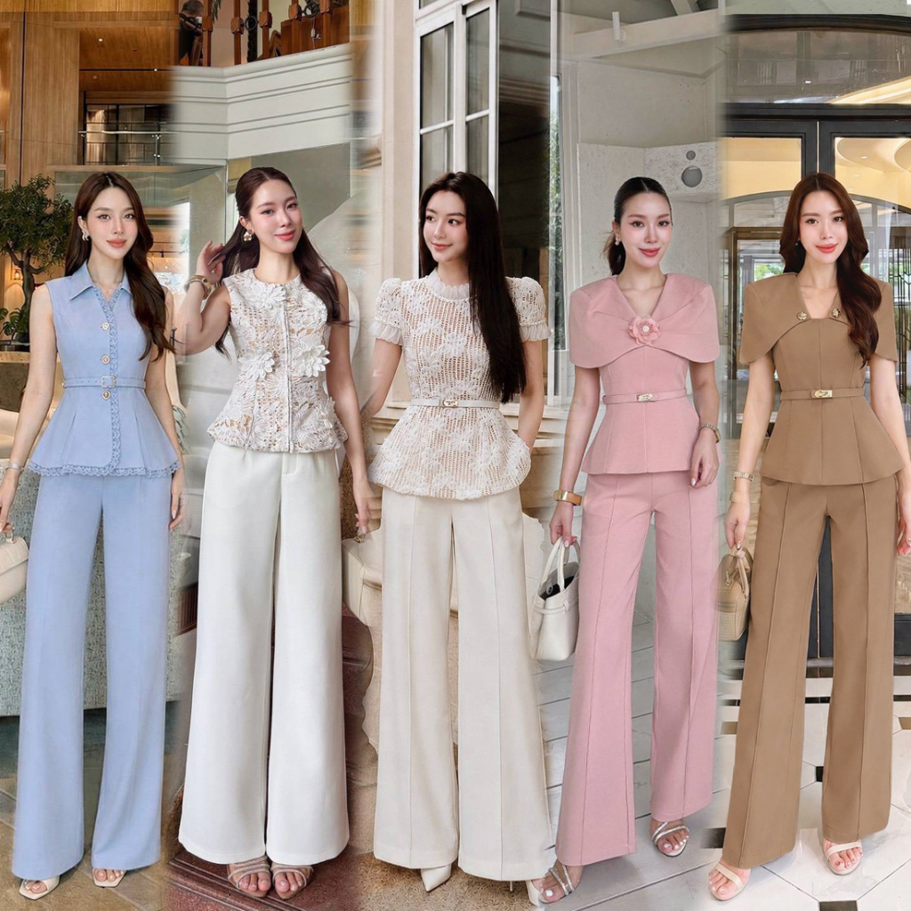 S-XXL ชุดเซท 2 ชิ้น เสื้อ+กางเกงขายาว สีครีม/ชมพู/น้ำตาล/เบจ/ฟ้า/ขาว/ดำ เซ็ตกางเกง #lovershop #lalabelle