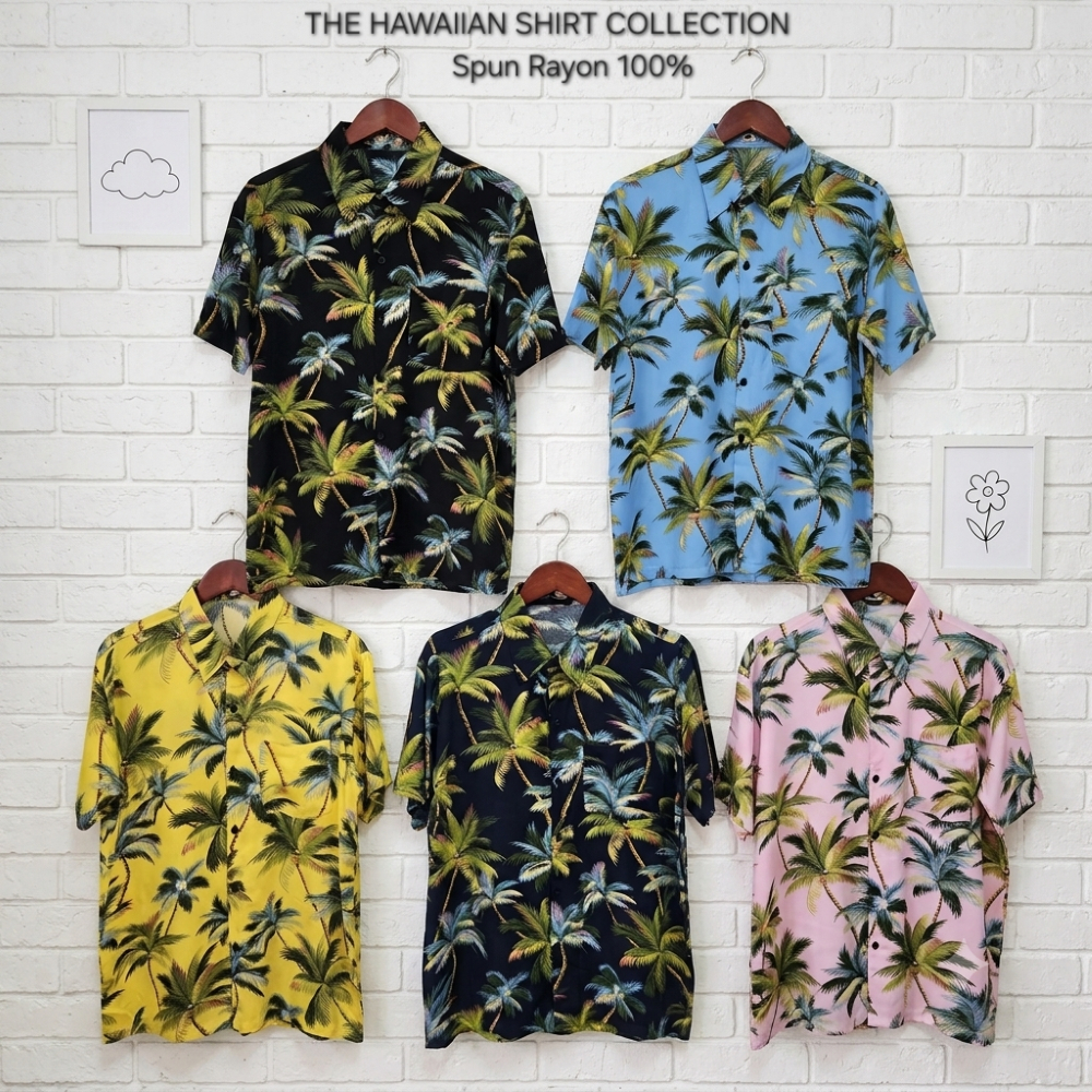 เสื้อฮาวาย เสื้อเชิ้ตฮาวาย เสื้อลายดอก ผ้าสปันเรยอน ผ้านิ่ม ทิ้งตัว แห้งง่าย ลายต้นมะพร้าว