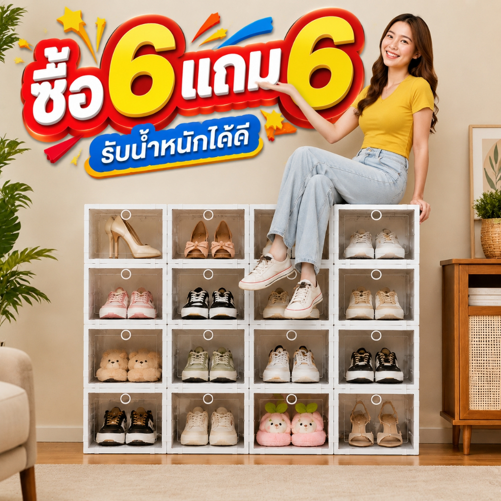 【ซื้อ 6 แถม 6】ชั้นวางรองเท้า กล่องใส่รองเท้า กล่องเก็บของอเนกประสงค์ พับเก็บได้ ต่อได้หลายชั้น ฝาหน้า กันฝุ่น พร้อมส่ง