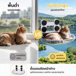 ที่นอนแมวติดกระจก เตียงแมวหน้าต่าง เปลแมว 4 ถ้วยดูดขนาดใหญ่พิเศษ รับน้ำหนักได้ถึง 10 Kg ที่นอนแมว Cloudsbed
