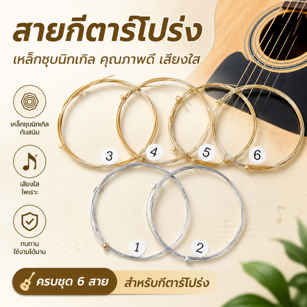 LEO-T สายกีตาร์เหล็กกล้าชุบนิกเกิลสำหรับฝึกปฏิบัติ6ชิ้น1ชุดสำหรับกีตาร์อะคูสติกคอด
