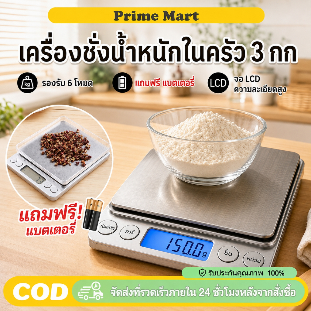 PRIME เครื่องชั่งน้ำหนักดิจิตอลครัว สแตนเลส ความละเอียดสูง 3kg/0.1g จอLCD กันน้ำ ใช้ชั่งแป้งอาหารเบเกอรี่ ฟรีแบตเตอรี่