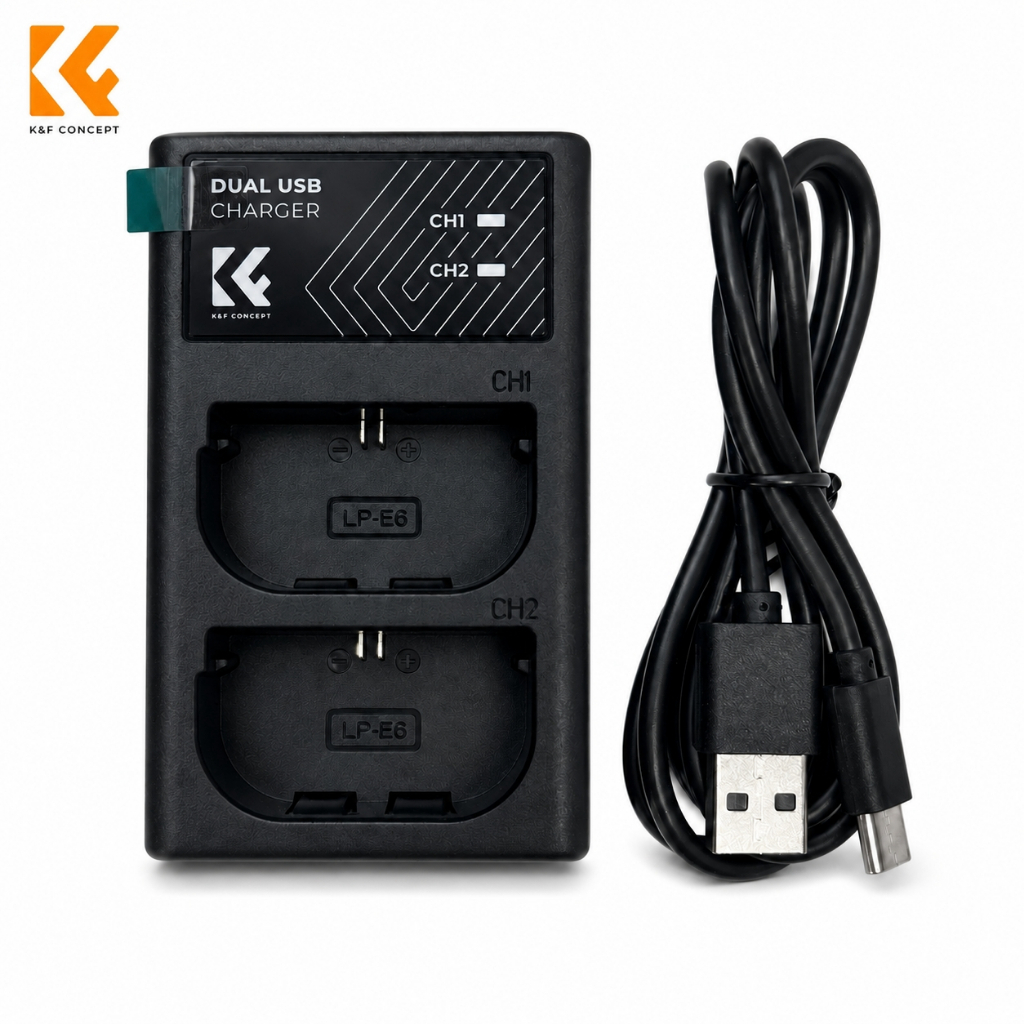 K&F Concept แท่นชาร์จแบตกล้อง Canon LP-E6 แบบ 2 ช่อง Dual USB Charger พร้อมสาย USB Type-C รองรับ LP-