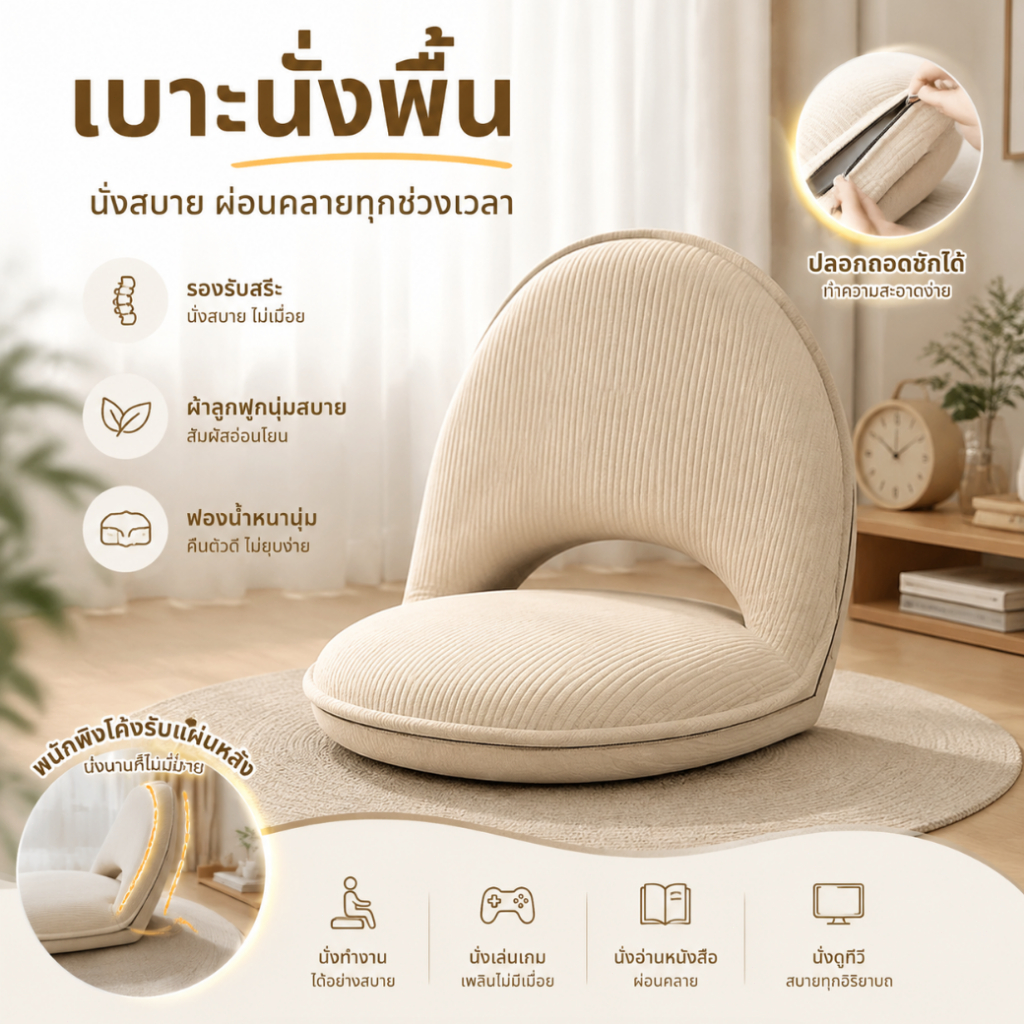 โซฟานั่งพื้นญี่ปุ่น รุ่นยอดนิยม ดีไซน์โค้งรับหลัง ปรับได้ 5 ระดับ นุ่มสบายทุกวัน