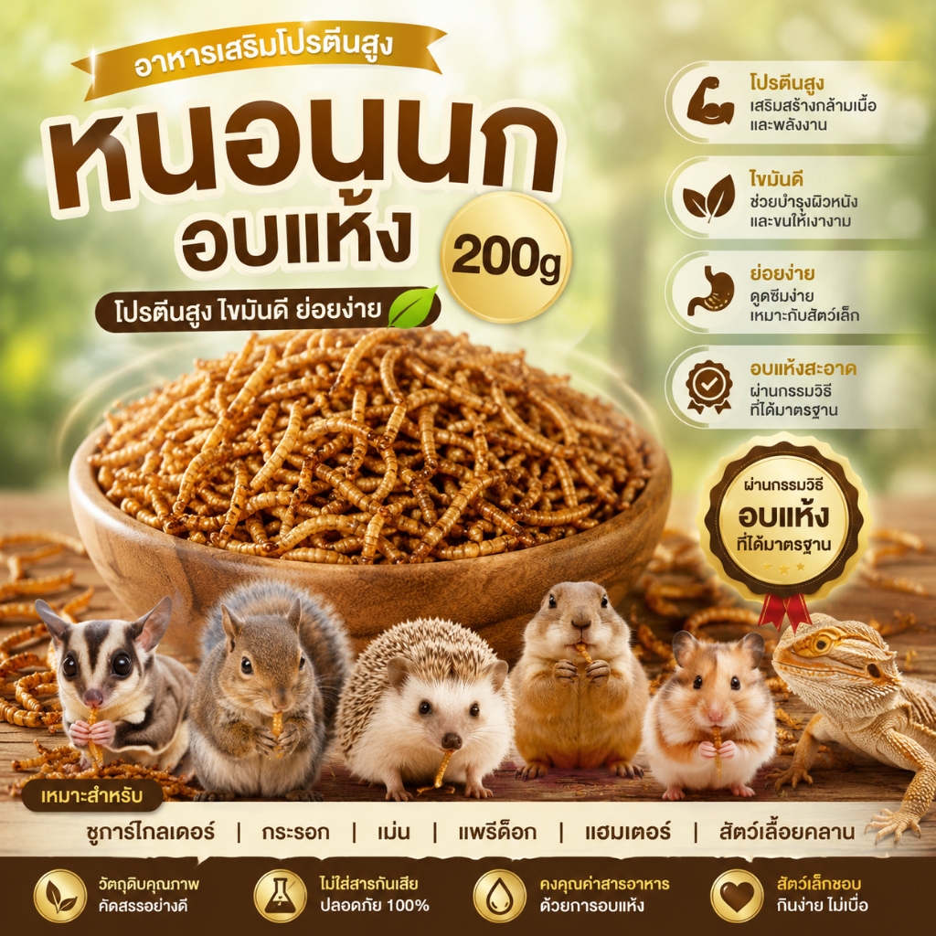 หนอนนกอบแห้ง 200g อาหารเสริมโปรตีนสูงสำหรับชูการ์ไกลเดอร์ กระรอก เม่น แพรีด็อก แฮมเตอร์ และสัตว์เลื้อยคลาน