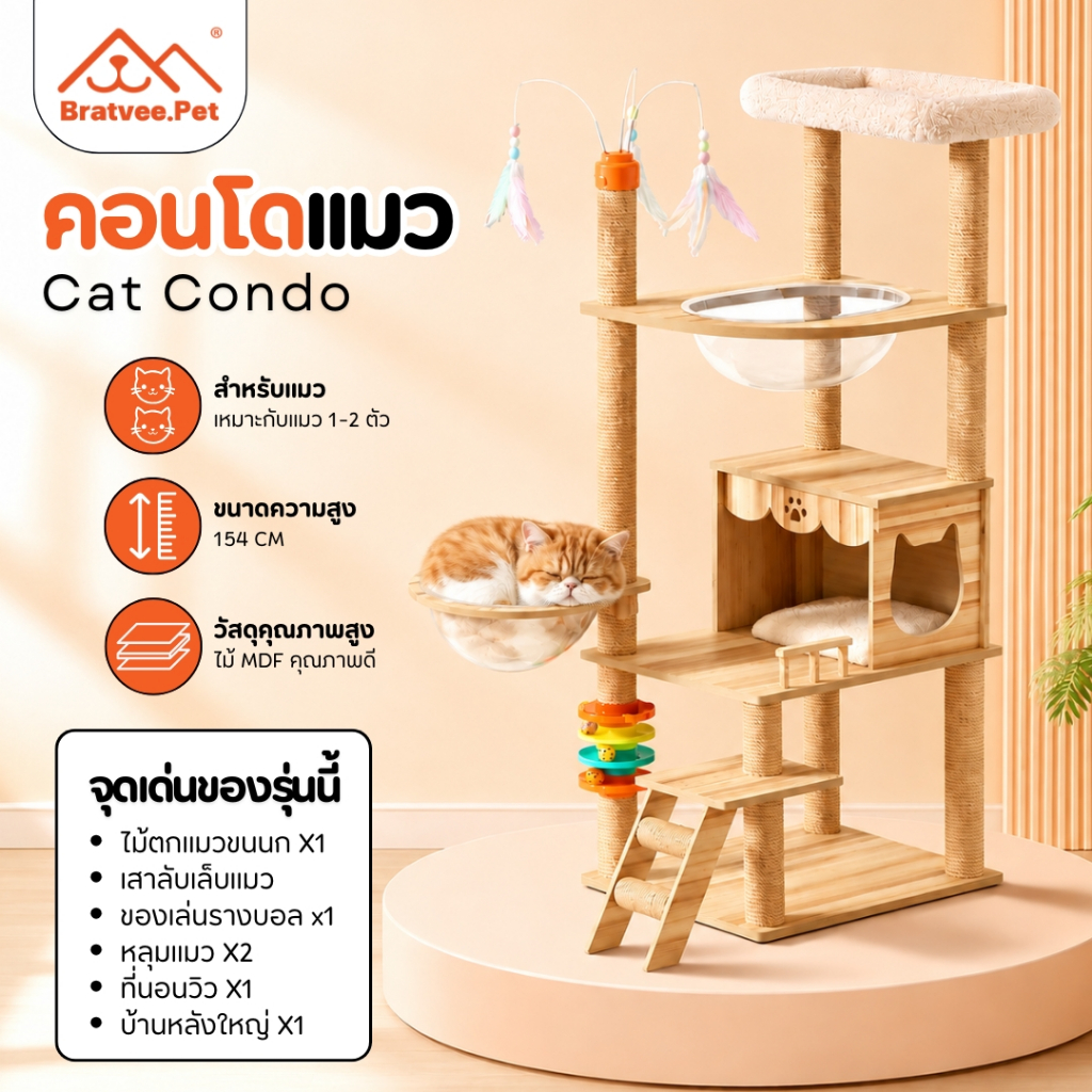 [Bratvee] คอนโดแมว ทรงสูง 154cm หลุมอวกาศแคปซูล2หลุม รุ่นB70 บ้านแมวหลังใหญ่ เบาะรองนอน ของเล่นแมว แ