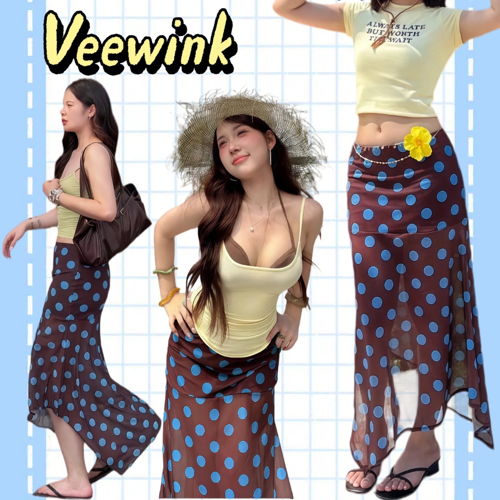 Veewink กระโปรงลายจุดตัดสี ดีไซน์ไม่สมมาตร เนื้อโปร่งแสง หวานดูดี สไตล์ฝรั่งเศสวินเทจ แมทช์ง่าย ใส่เที่ยวทะเล