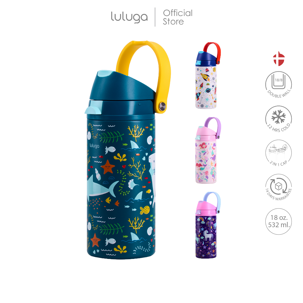 ขวดน้ำเด็ก LULUGA กระติกน้ำเด็กเก็บอุณหภูมิ ระบบสูญญากาศ 18/8 stainless steel ขนาด 530 ml ดีไซน์ 2in1 หลอดดูดและยกดื่ม