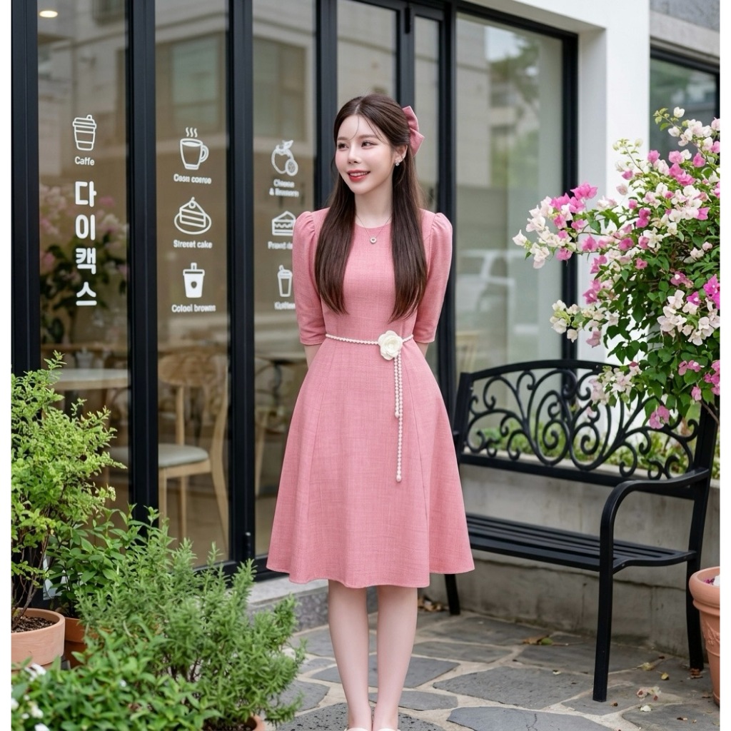 D803 เดรสยาวแขนยาว ผ้าสโนว์ฟลอร่า (คอตตอลลินิน) ตีเกร็ดอก กระเป๋าล้วง ความยาว39-40นิ้ว ใส่ทำงาน ออกง