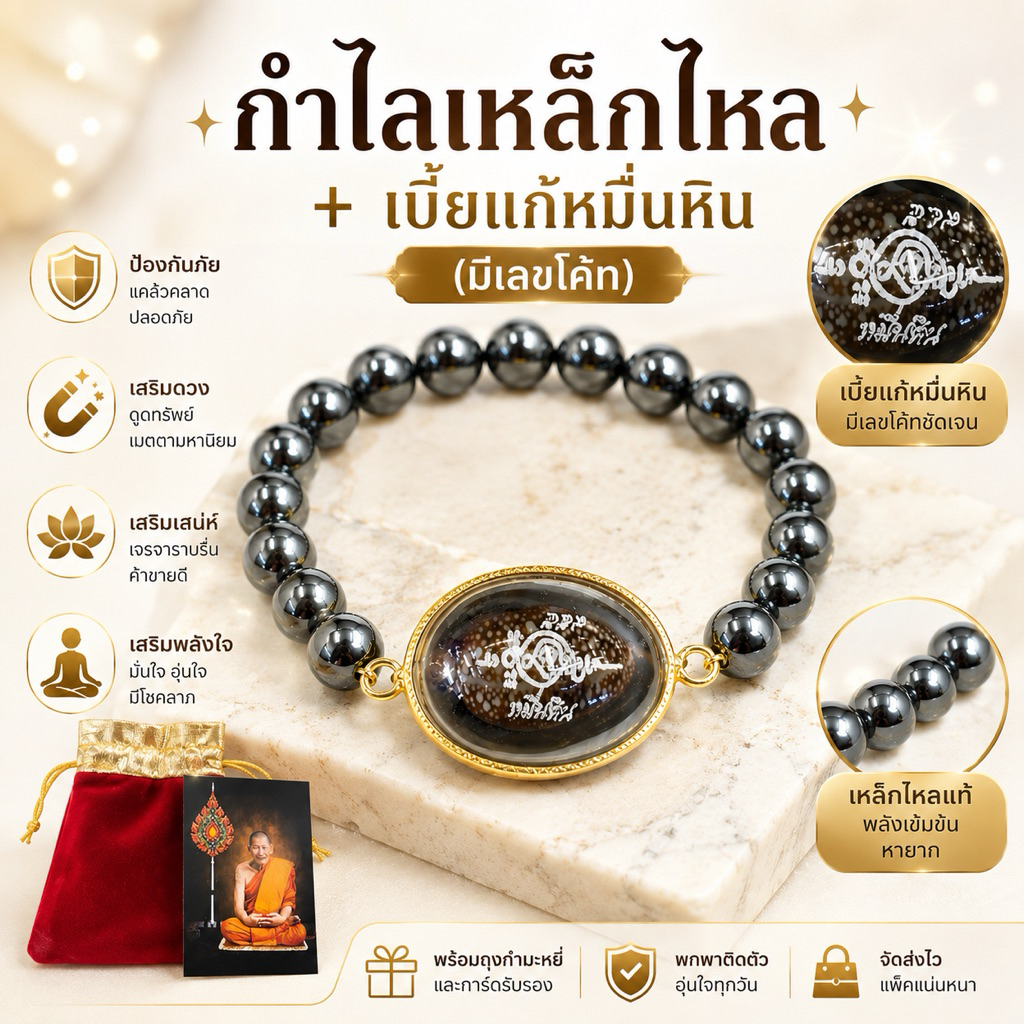 กำไลเหล็กไหล+เบี้ยแก้หมื่นหิน (มีเลขโค๊ท) แถมถุงแดง+คาถาหลวงปู่ศิลา