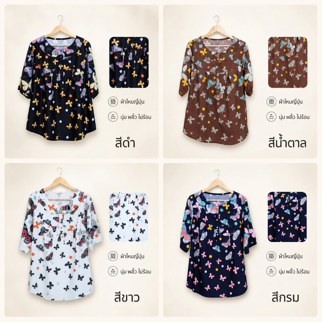 เสื้อลายผีเสื้อ คอกลม ทรงโอเวอร์ไซด์