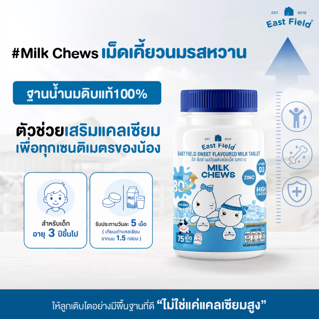 (1 กระปุก) เม็ดเคี้ยวนมสำหรับเด็ก (รสหวาน) East Field Growth Support Chews แคลเซียมจากนม เสริมการเจริญเติบโตแบบมีระบบ
