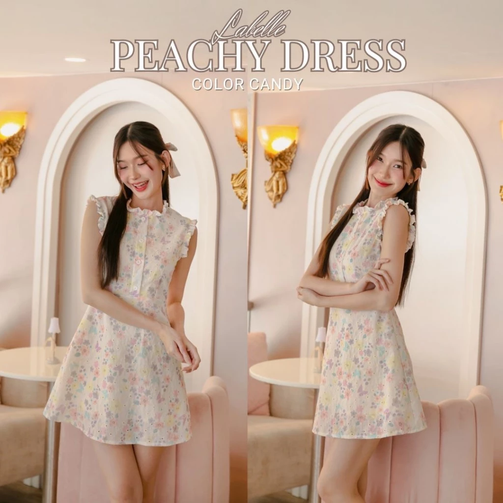 New Color LABELLE รุ่น Peachy Dress เดรสสั้น ชมพูพาสเทล ผ้าพิมพ์ลายปัก
