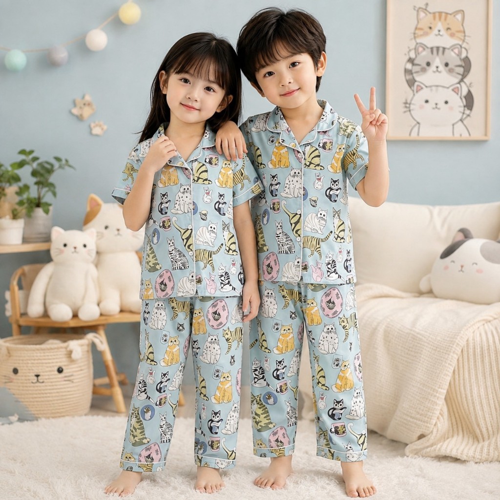 MC365 ชุดนอนเด็ก ลายแมว สีฟ้า ชุดเสื้อกางเกงยาว สวมใส่ง่าย สบายผิว