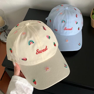 ♥️พร้อมส่ง🧢หมวกแก็ป Sweet น่ารัก สีสดใส มีสายปรับขนาด สตรอว์เบอร์รี รุ้ง