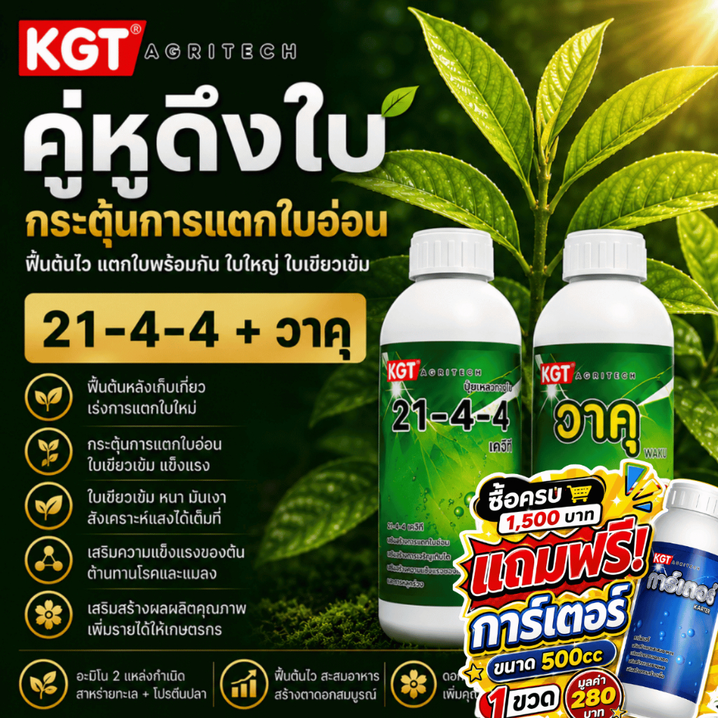 KGT Duo คู่หูดึงใบ 21-4-4 + วาคุ ฟื้นต้น เร่งใบอ่อน แตกใบไว ขนาด 1 ลิตร x 2