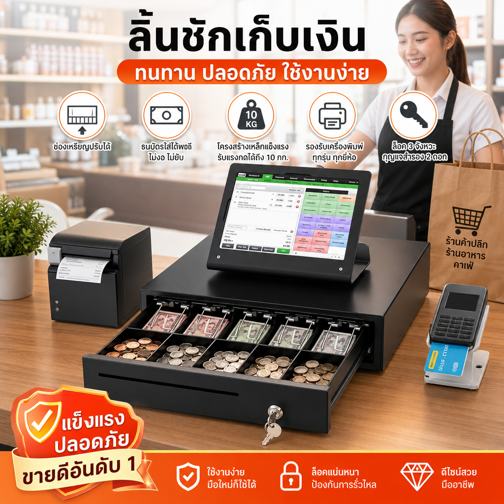 ลิ้นชักเก็บเงิน Cash Drawer POS ลิ้นชักแคชเชียร์ รองรับหลายสกุลเงิน 5ธนบัตร 8เหรียญ สามารถออกใบกำกับภาษีได