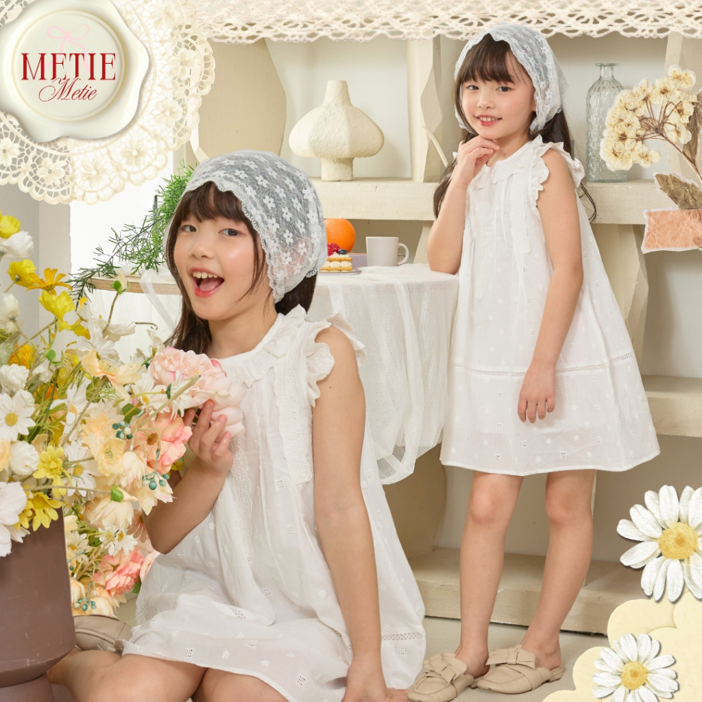 Metie เสื้อผ้าเด็ก ชุดเดรสเด็กผู้หญิง 5-12ปี สีขาว ตกแต่งลูกไม้แขนระบาย น่ารัก ลุคลูกคุณหนู 3026