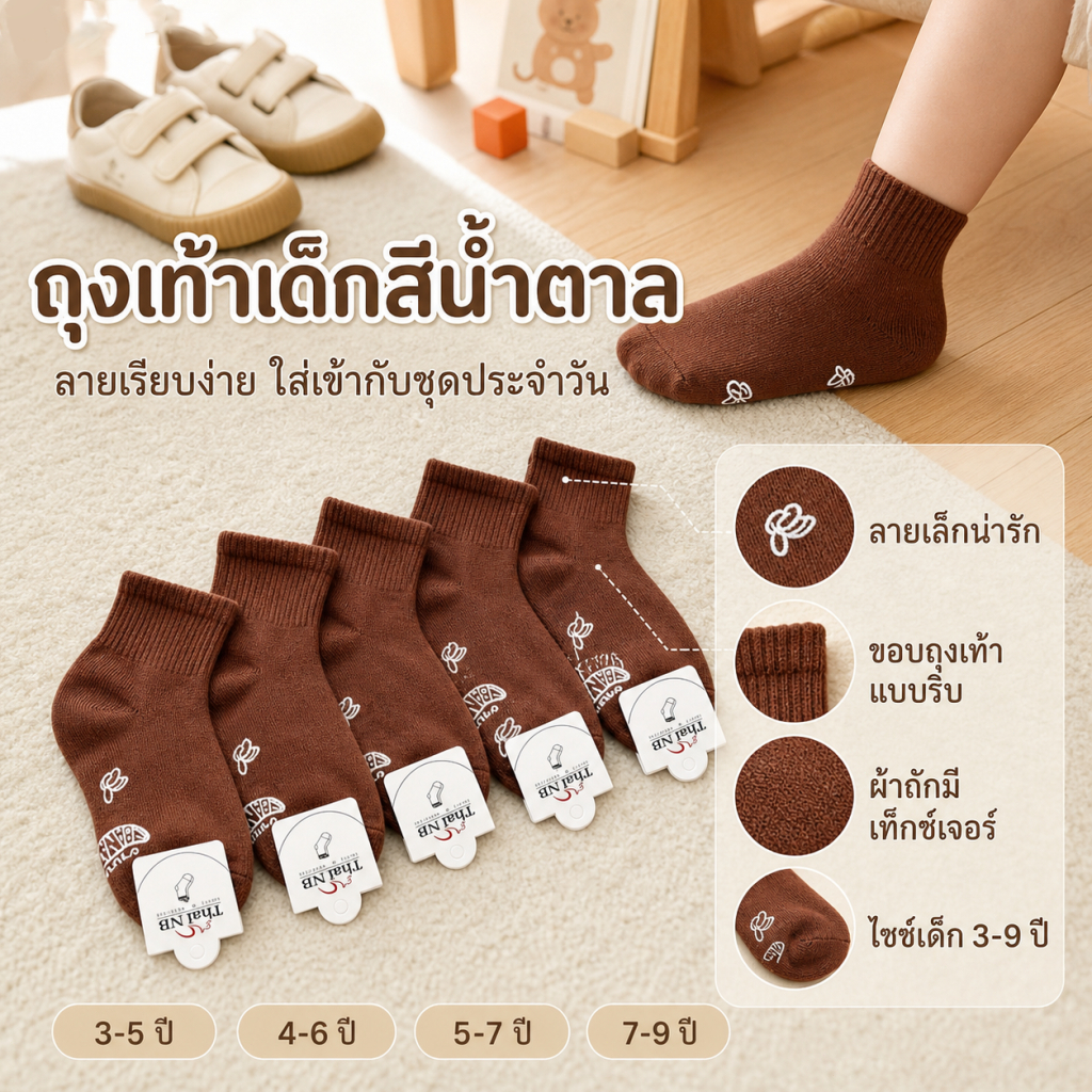 ถุงเท้านักเรียน สีน้ำตาล แพ็ค 12 คู่ เนื้อผ้าฝ้ายธรรมชาติ สวมสบาย ไม่อับกลิ่น กันลื่น ใช้งานทนทาน